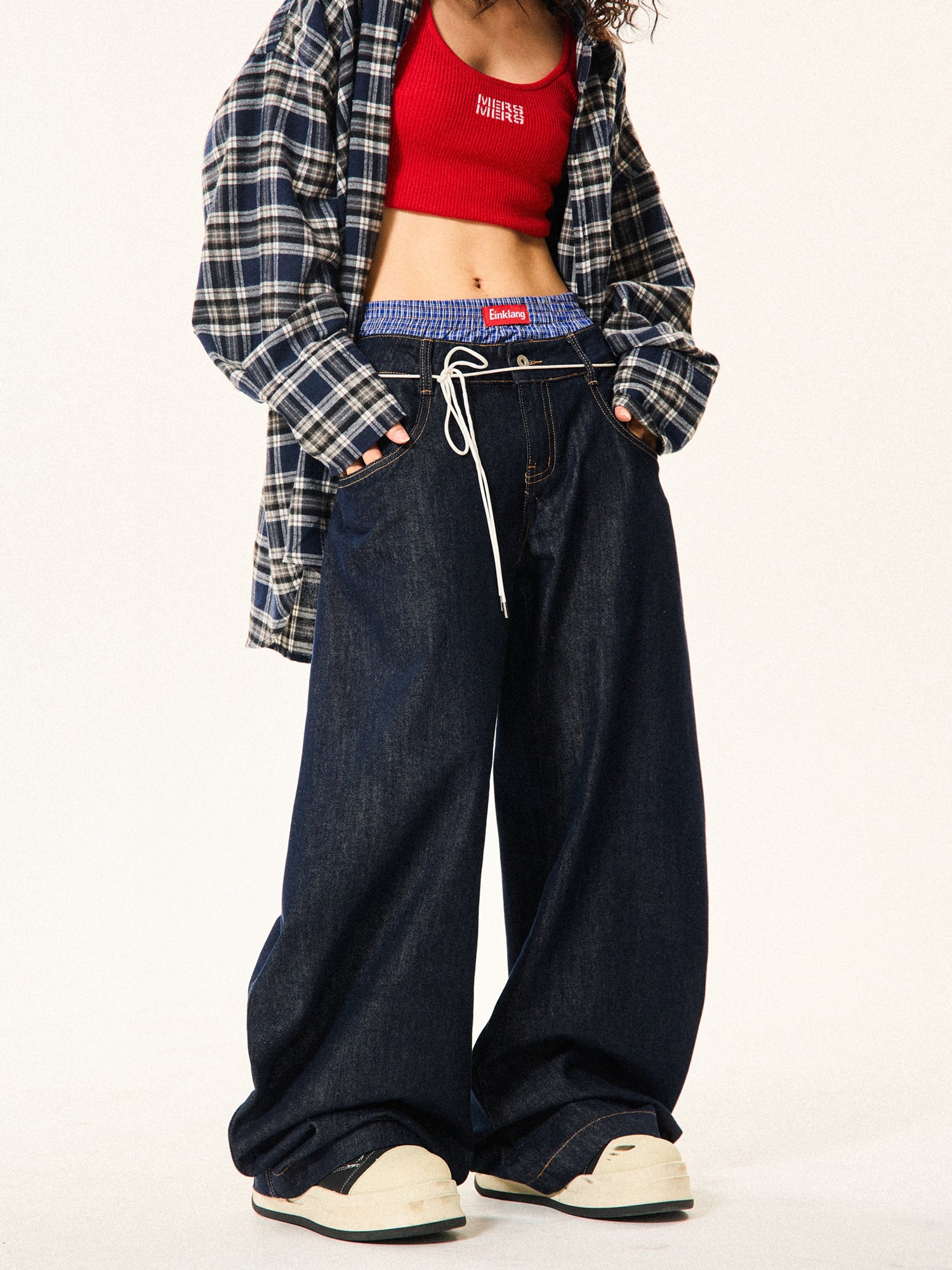 BlackBB Original Fake Two Pieces Double Waist Loose Wide-leg Jeans