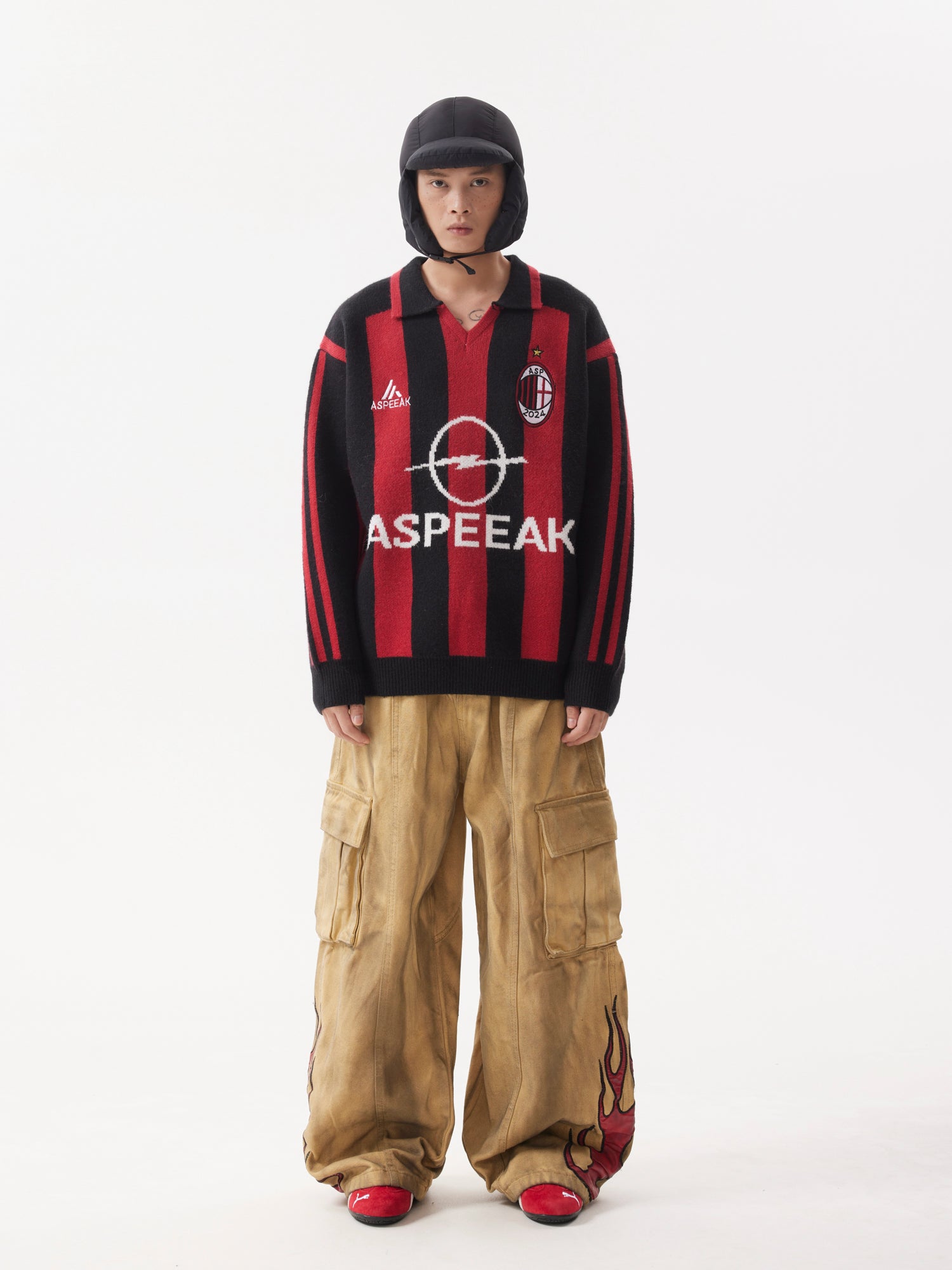 BTSG Leather Flame Embroidery wide-leg dirty jeans