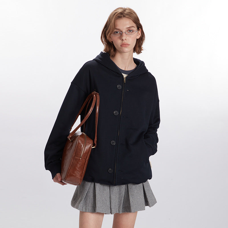 Nariele Retro Style Button Zipper Sweatshirt Loose Unisex Hoodie Jacket