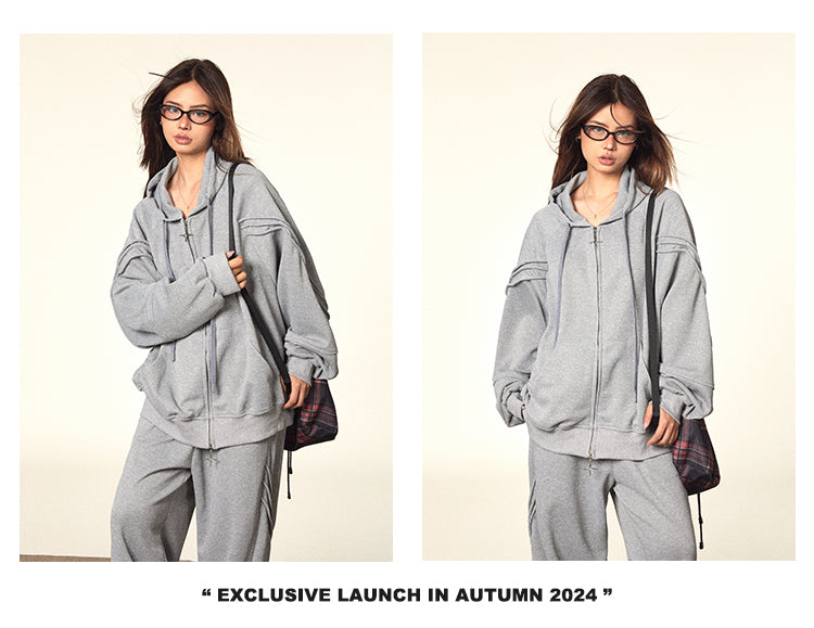 BLACKBB Lazy Hooded Long Sleeve Zip Up Set Elastic Waist Sweatpants