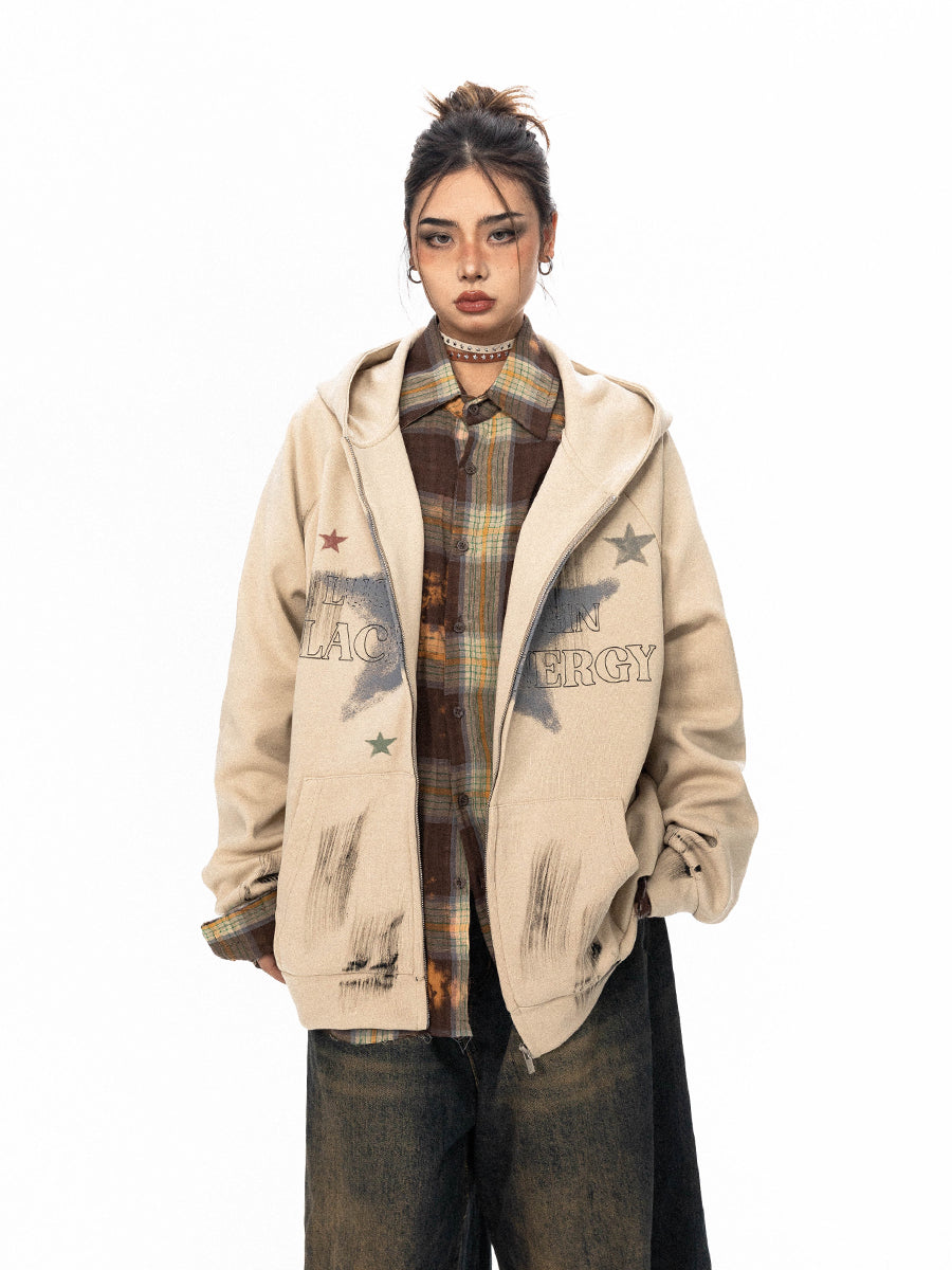 BLACKBB American Painted Star Print Hooded Cardigan Zip Up Jacket