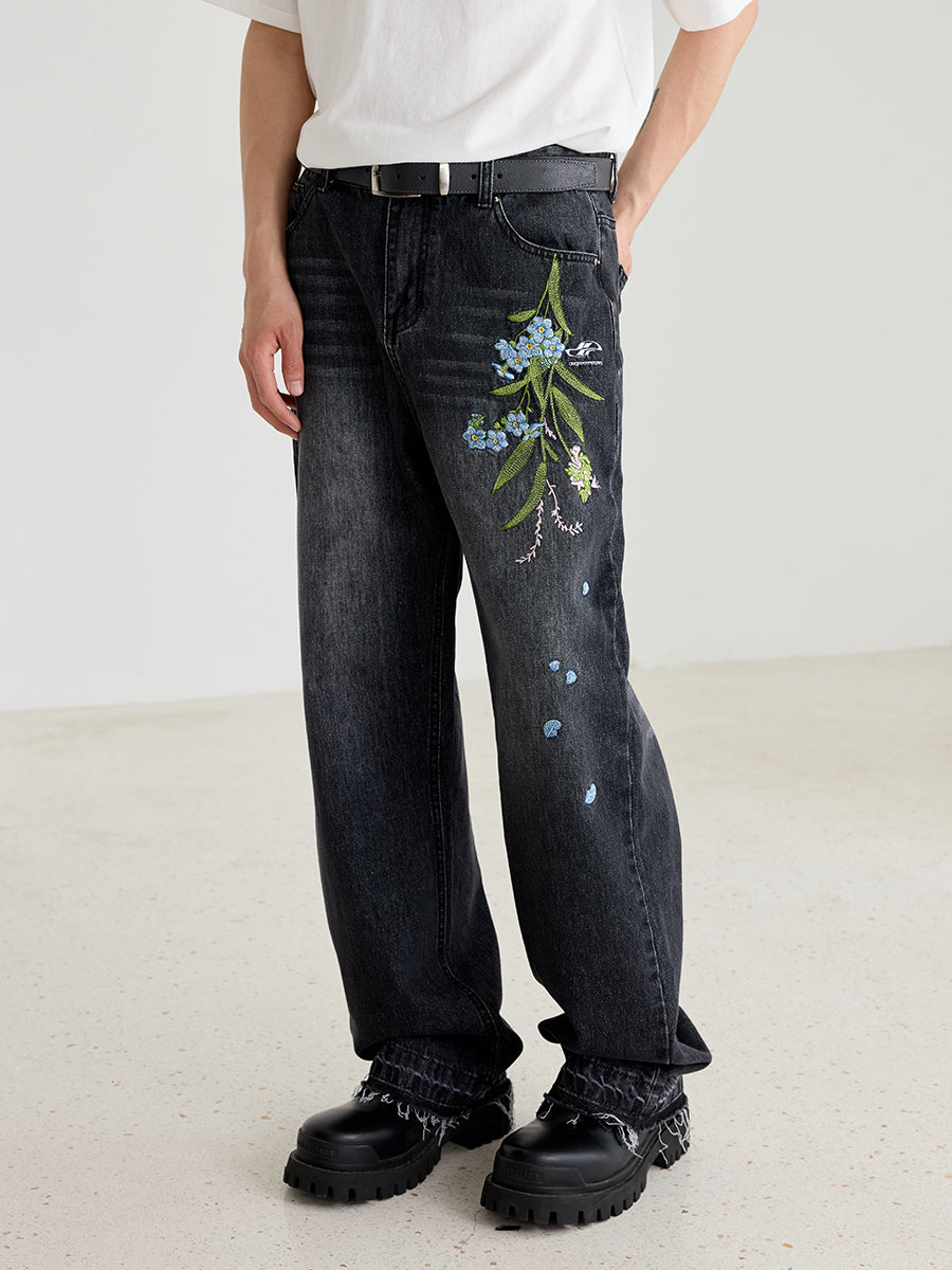 Harshandcruel Cleanfit floral-embroidered wash dehemed jeans