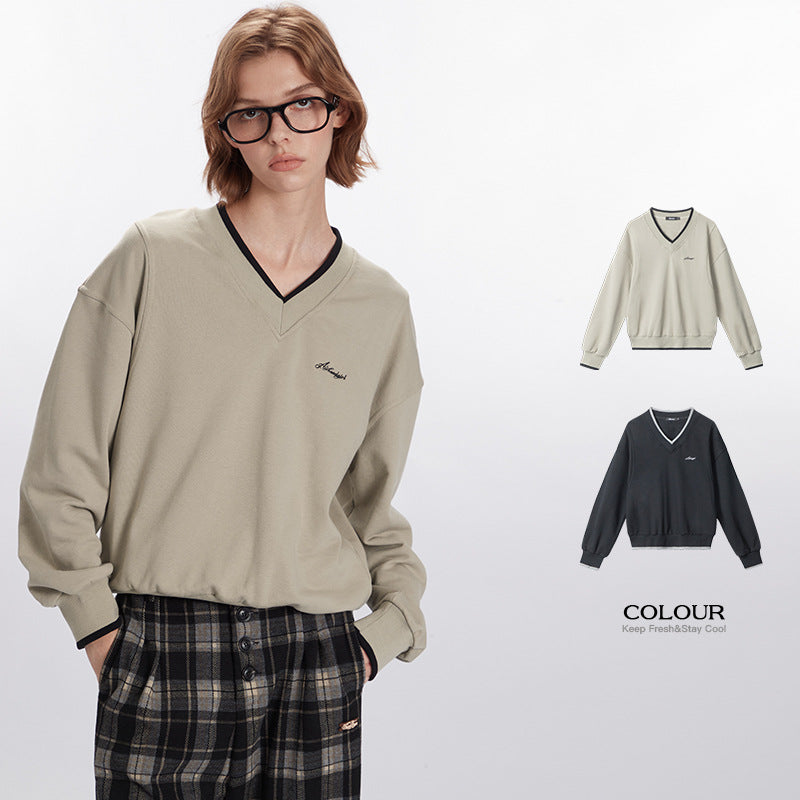 Nariele V-neck top lazy style new contrasting casual sweatshirt trendy retro loose long-sleeved Top