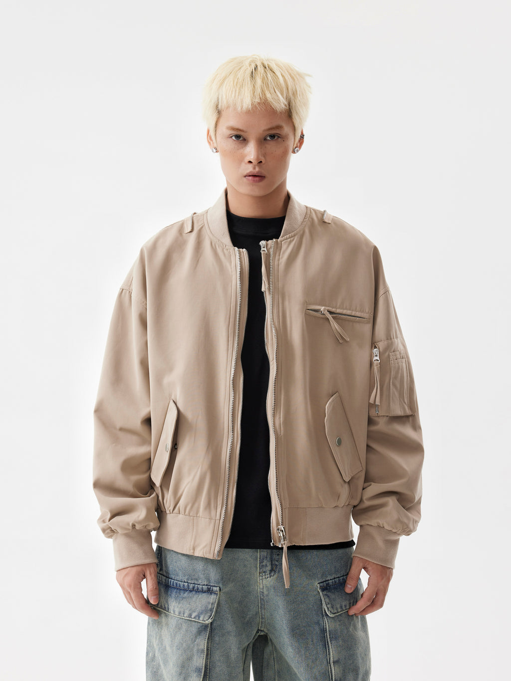 BTSG Heavy Duty Double Zipper Multi Pocket Cropped Bomber Jacket
