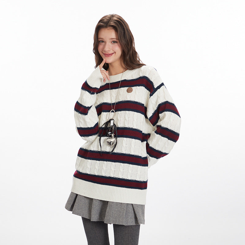 Nariele Unisex casual striped crewneck retro twist Pullover sweater