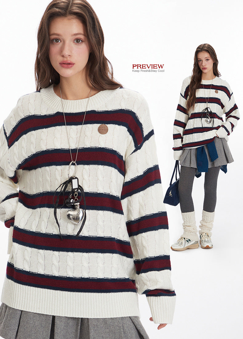 Nariele Unisex casual striped crewneck retro twist Pullover sweater