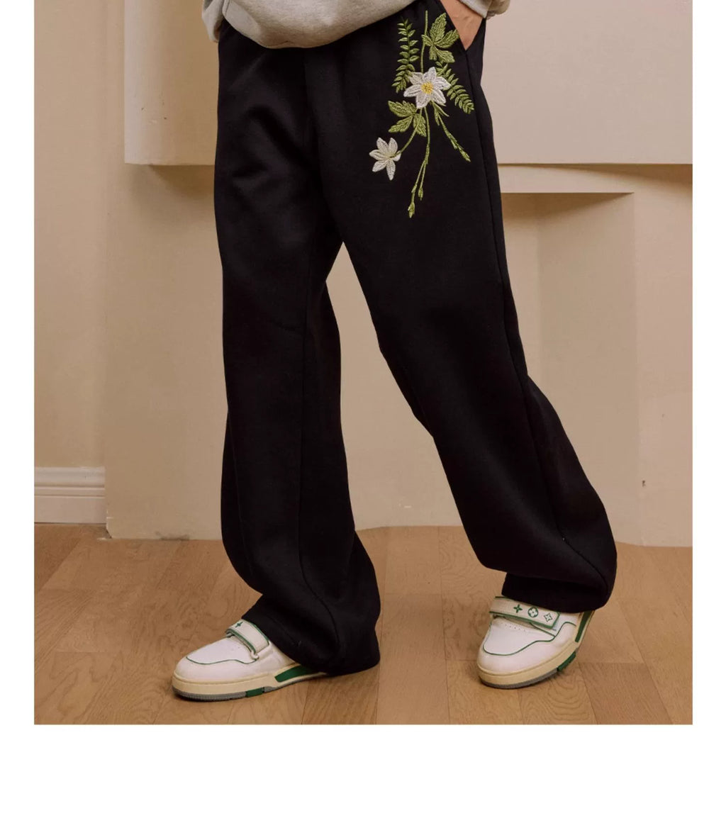Harshandcruel draped floral embroidered elastic wide-leg straight-leg casual sweatpants