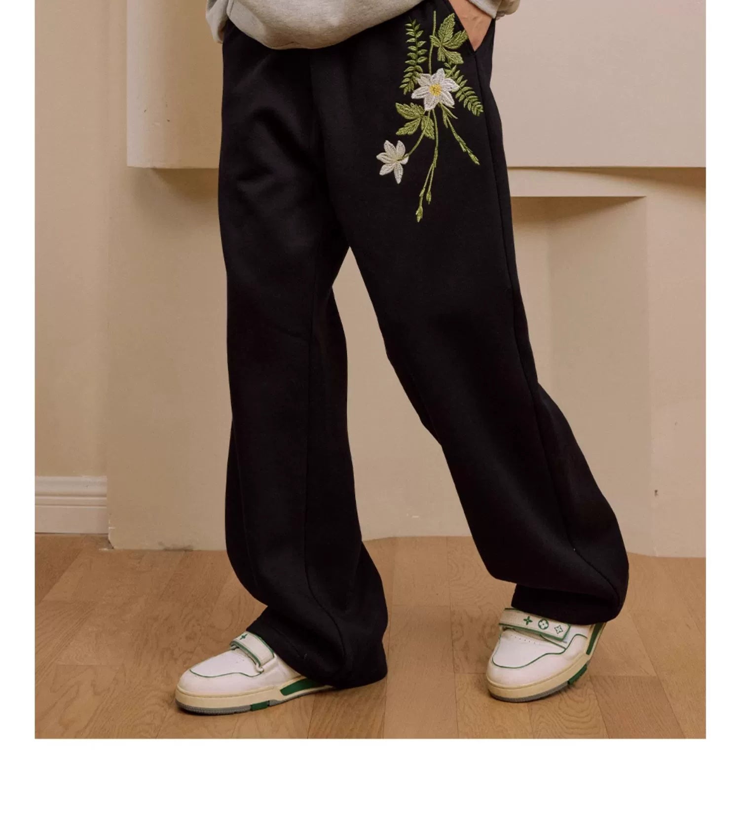 Harshandcruel draped floral embroidered elastic wide-leg straight-leg casual sweatpants