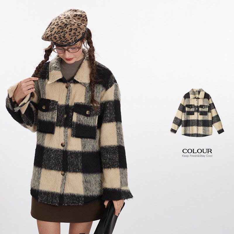 Nariele Plaid Long Jacket Vintage Loose Jacket