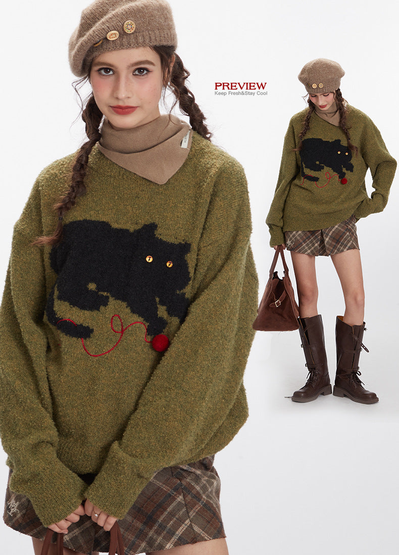 Nariele Cat Sweater Lazy Casual Knitted Loose Retro Crewneck Pullover Sweater