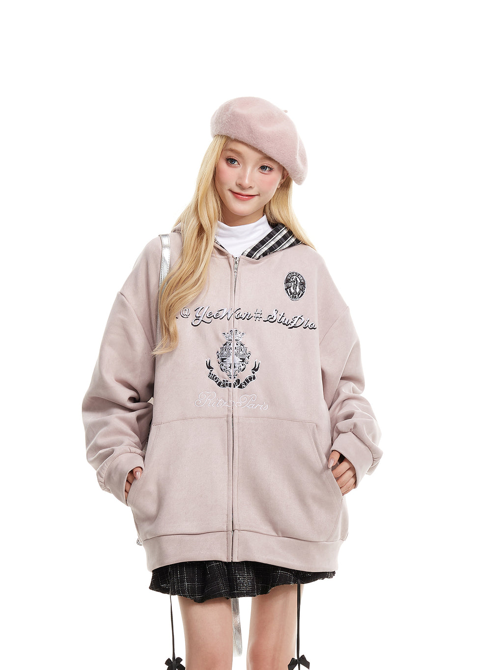 NERESUM retro plaid patchwork suede hoodie cardigan sweatshirt design oversize coat