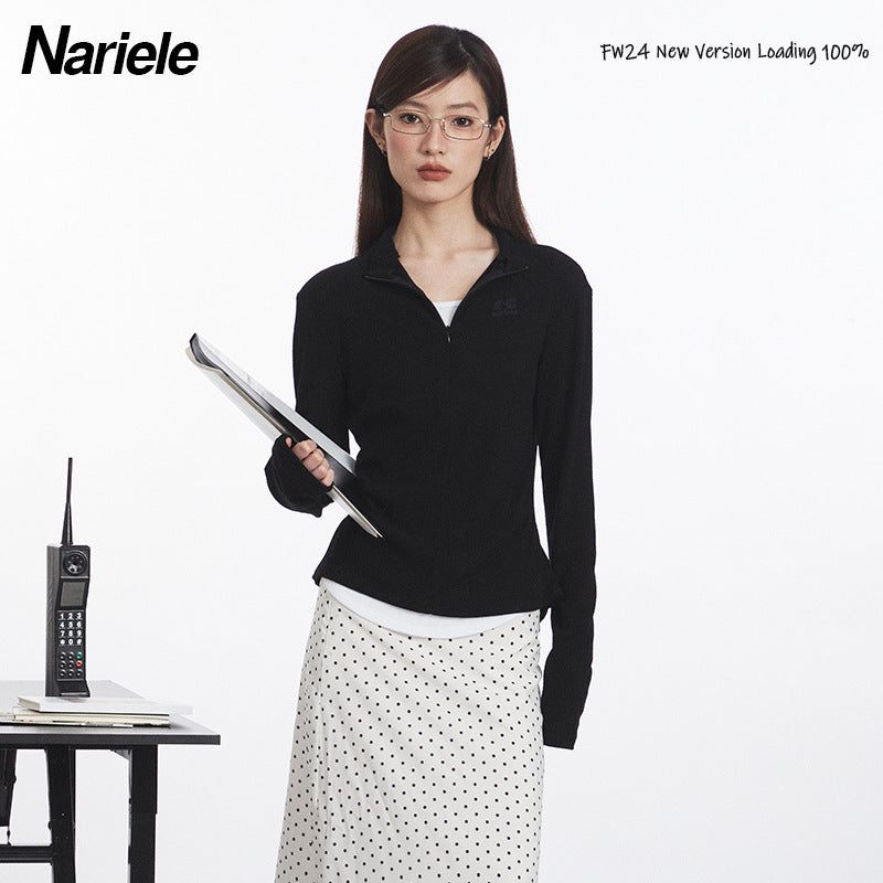 Nariele Fake Two-Piece Stand Collar Long Sleeve T-Shirt  Slim Zipper Top