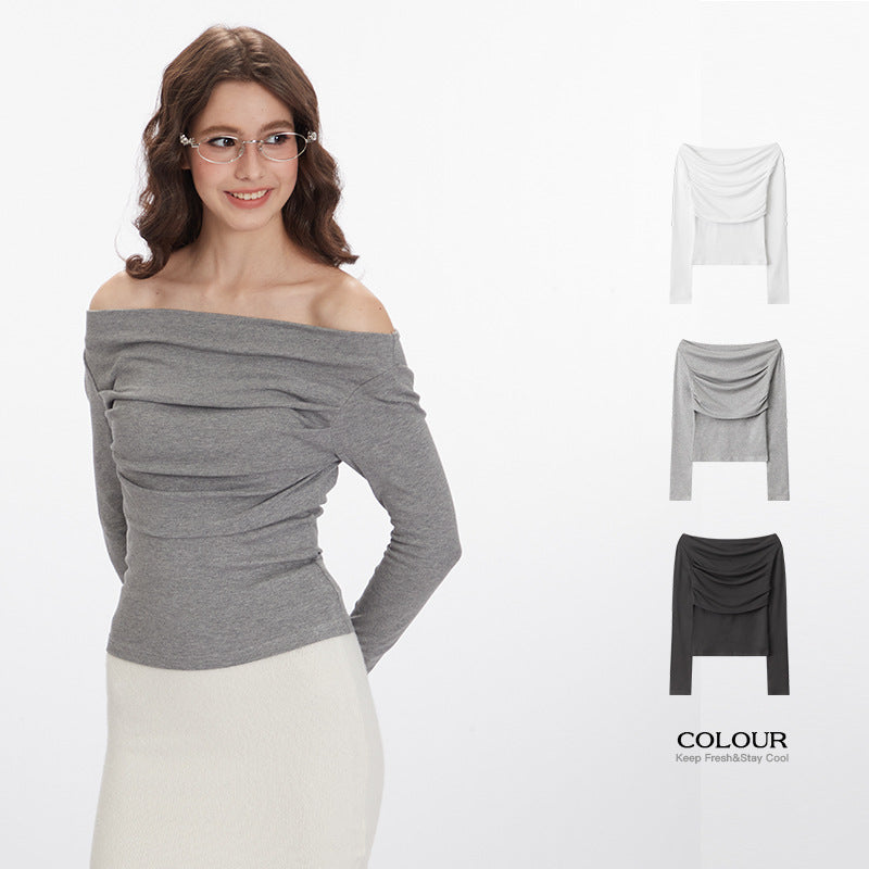Nariele Multi-pleated Straight Neck Off-shoulder Long Sleeve T-Shirt