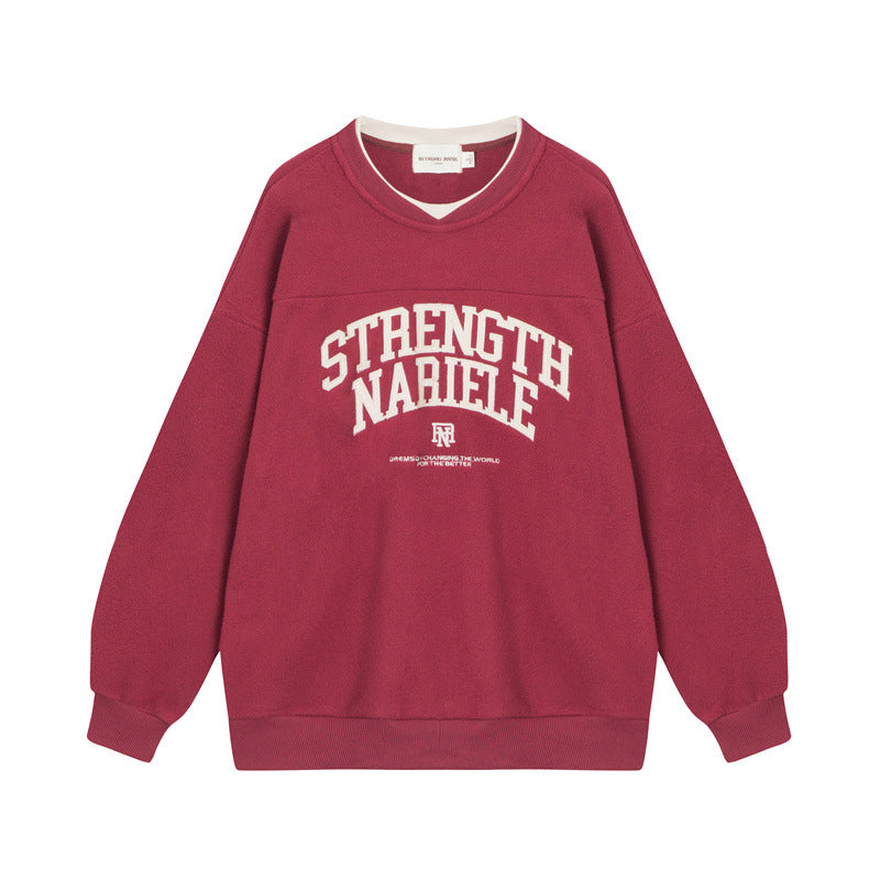 Nariele Unisex Cross Neck letter patch embroidery fake two-piece Casual sweatshirt
