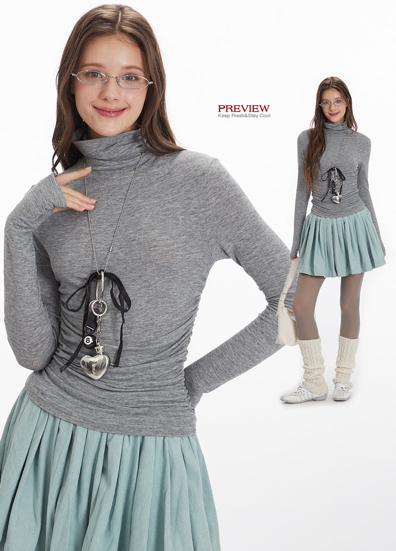 Nariele High Neck Ruffle Long Sleeve Slim Fit Top