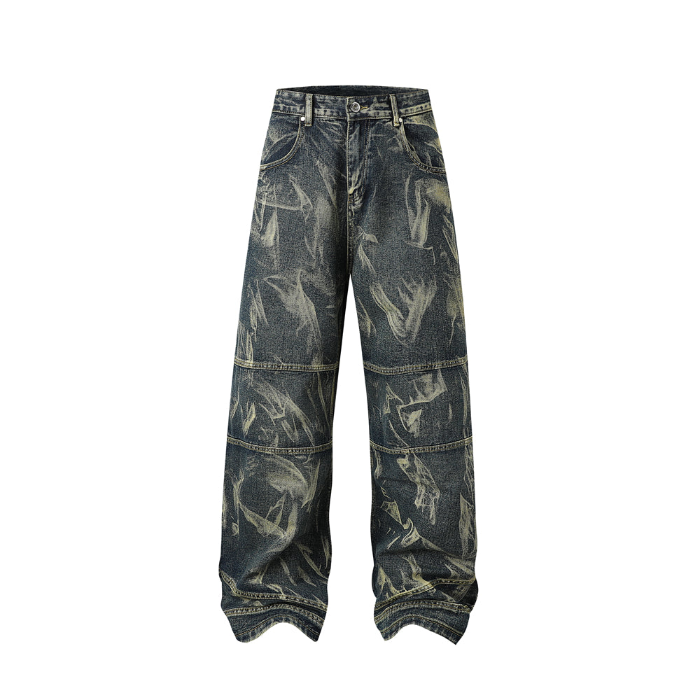 BTSG American Retro Washed Stitched Structure Jeans, Street Hip-Hop Ruffian