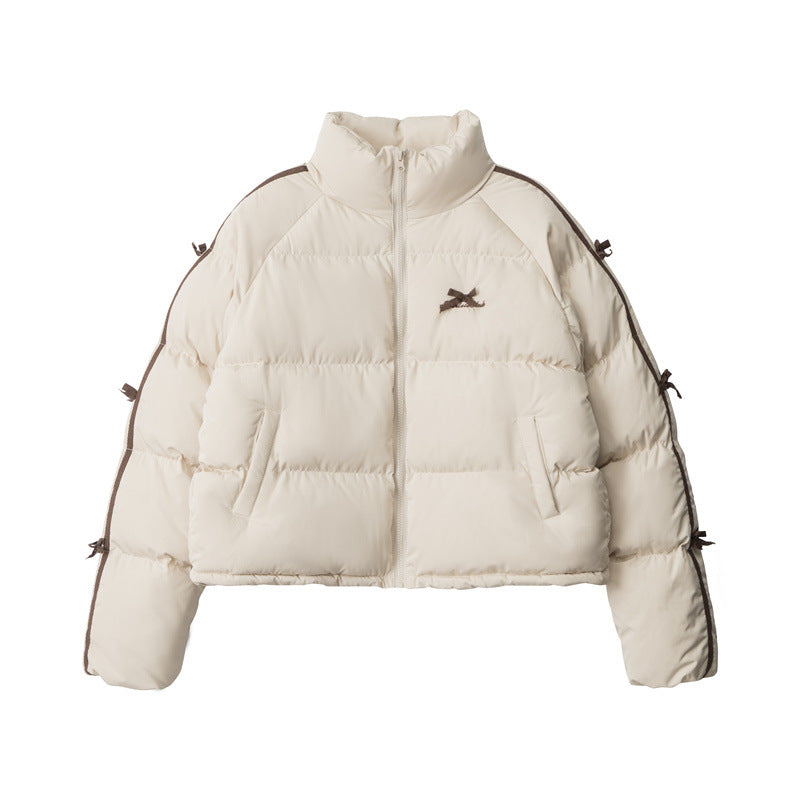 Nariele Lace Bow Stand Collar Slim Short Puffy Cotton Jacket