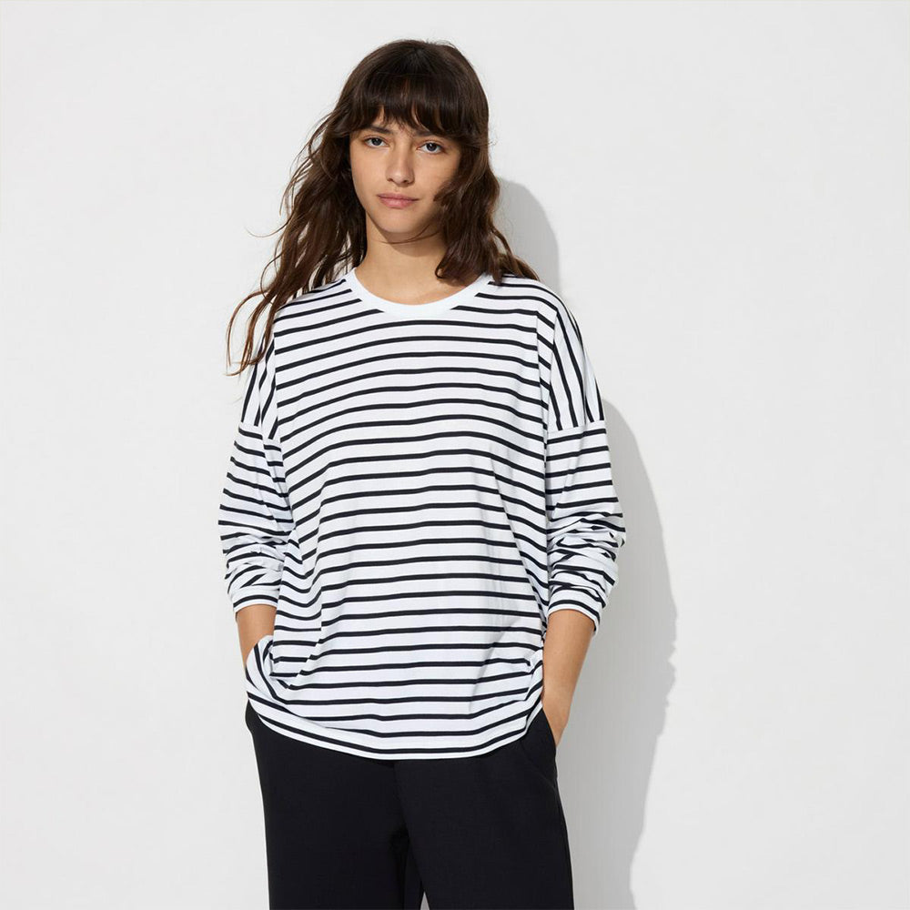 UNIQLO Women's Smooth Cotton Casual Striped Tee Long Sleeve