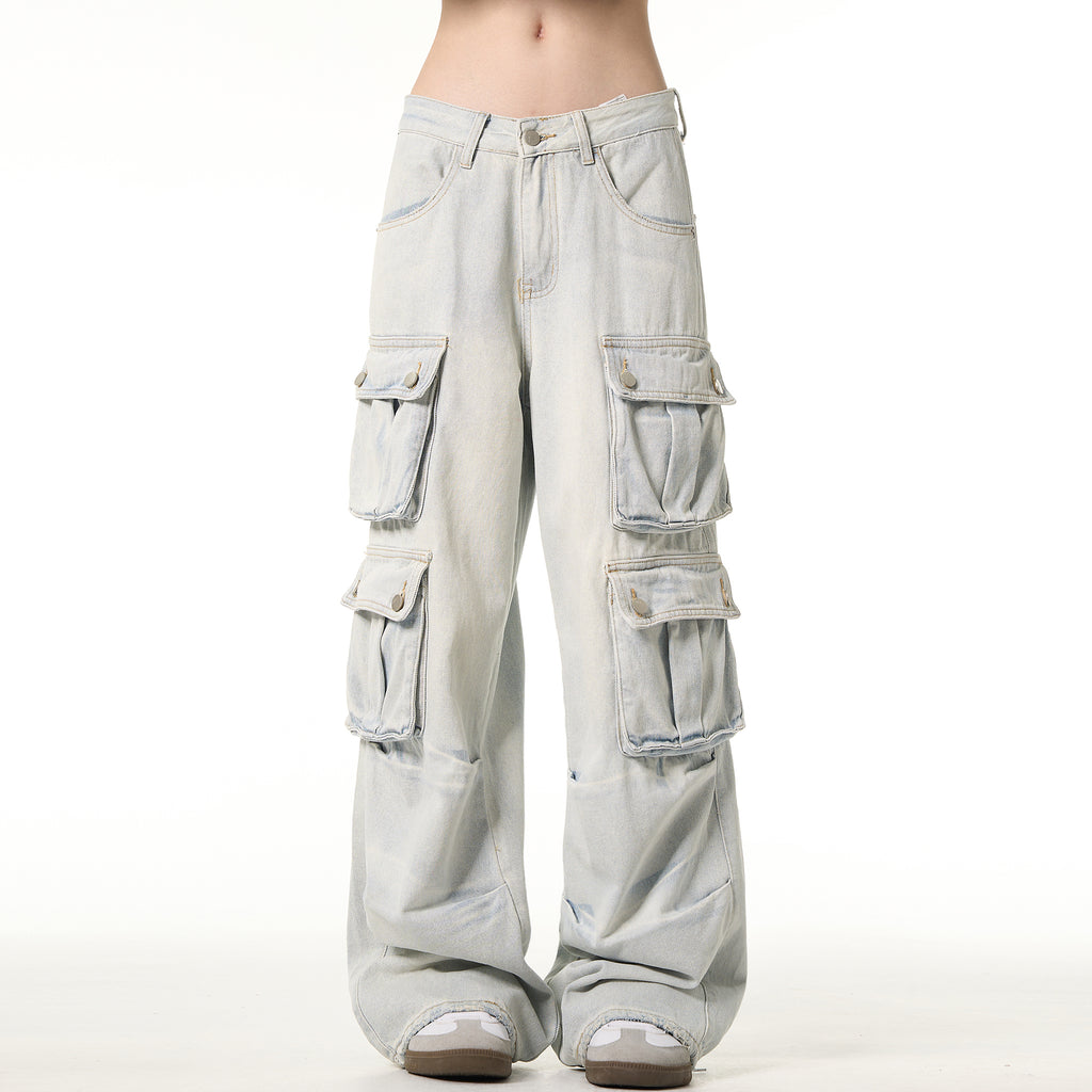 MADWITCH Washed Light Cargo Jeans Loose Multi-pocket Design Pants