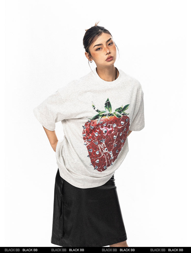 BLACKBB Trendy Niche Three-dimensional Strawberry Print Tee