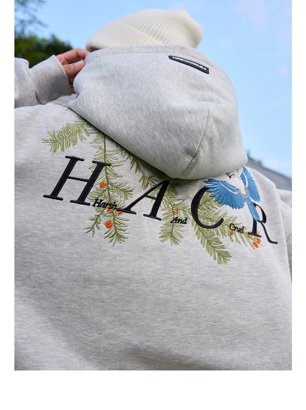 Harshandcruel Chinese Pine Needle Flying Bird Over-the-shoulder Embroidered HACR Hoodie