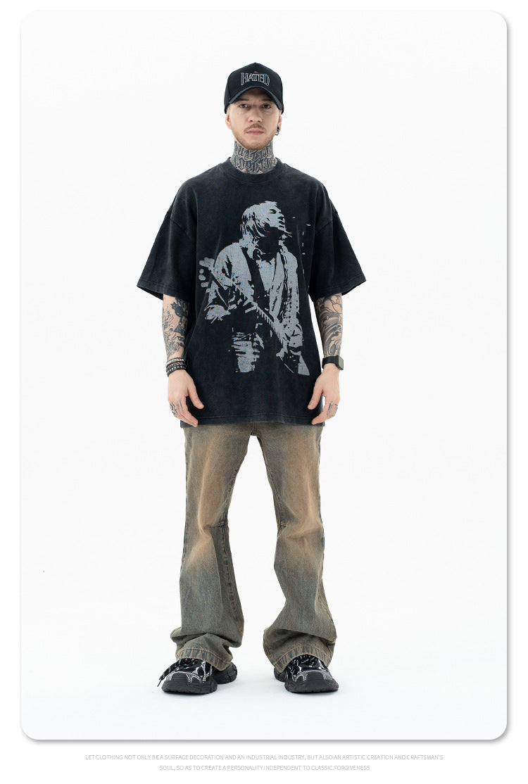 تي شيرت SUP أمريكي ثقيل الوزن ريترو روك جيتار مطبوع بأكمام قصيرة