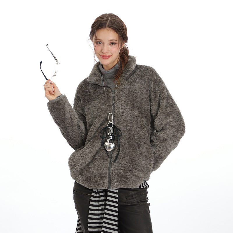 Nariele Trendy Polar Fleece Zipper Loose Jacket