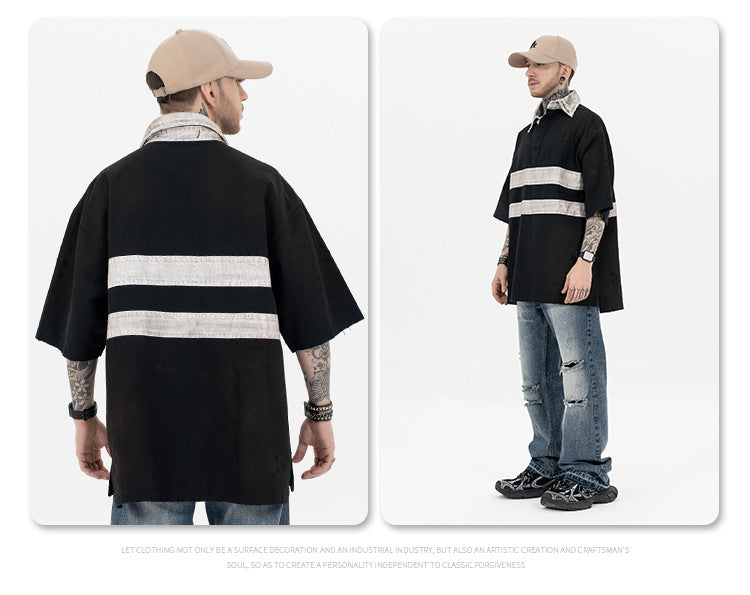 "clearance" FORGIVNESS Distressed Polo Dirty Dye Lapel Silhouette Double Short Sleeve Tee
