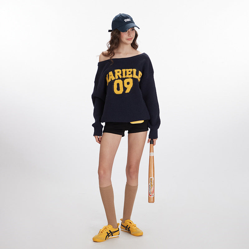 Nariele Letter  Loose Off-Shoulder Pullover Knit Vintage Casual Sweater