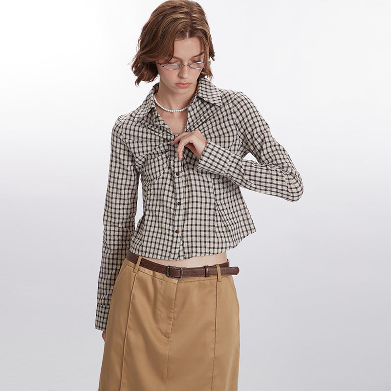 Nariele Plaid Ruffle Design New Shirt Long Sleeve Women's Crop Slim Shirt Girl Style Top