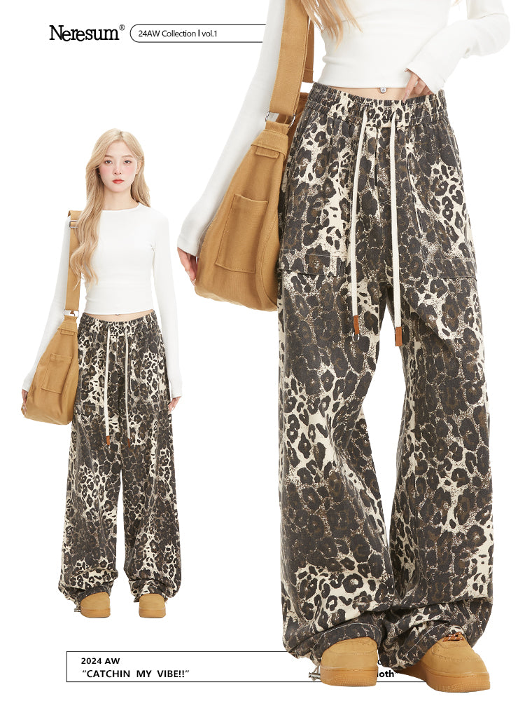 NERESUM leopard print retro cargo pants hip hop casual loose straight pants