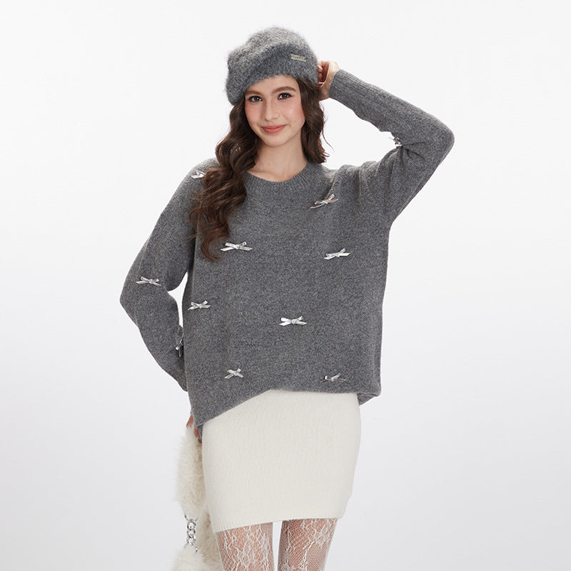 Nariele Sweet style round neck pullover knit loose  retro sweater