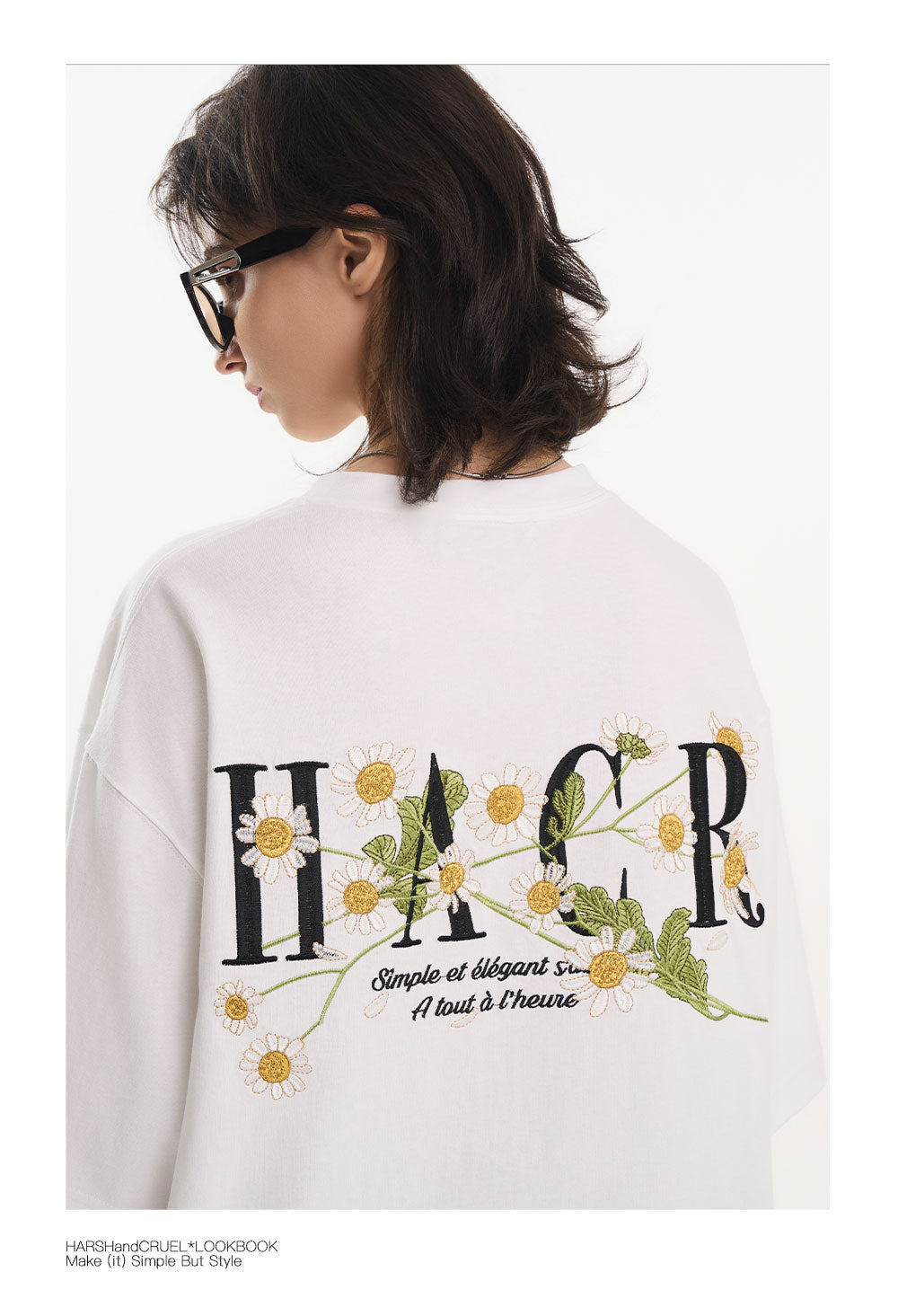 harshandcruel ] floral typography, heavy-duty embroidered tee