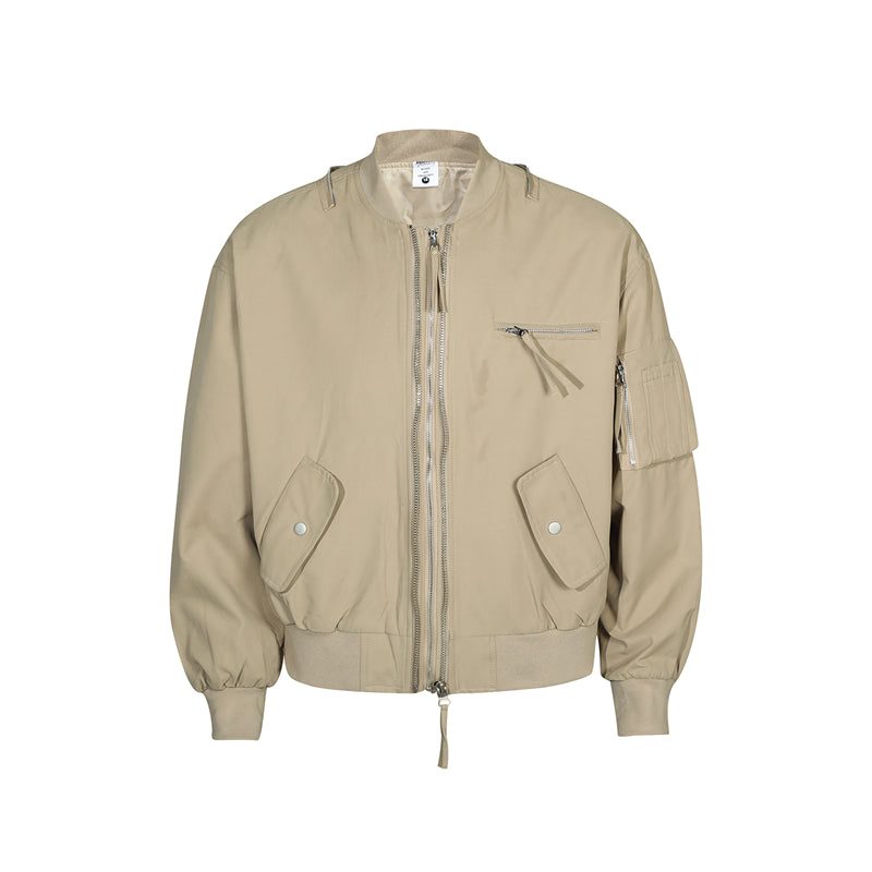 BTSG Heavy Duty Double Zipper Multi Pocket Cropped Bomber Jacket