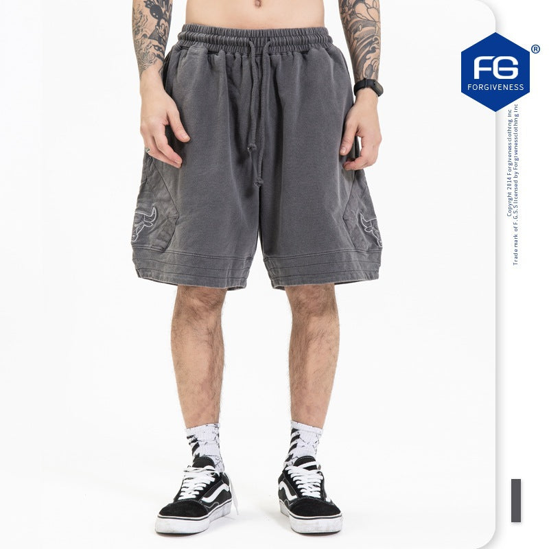 FORGIVNESS  Washed Distressed Retro Bull Head Embroidery Basketball Short