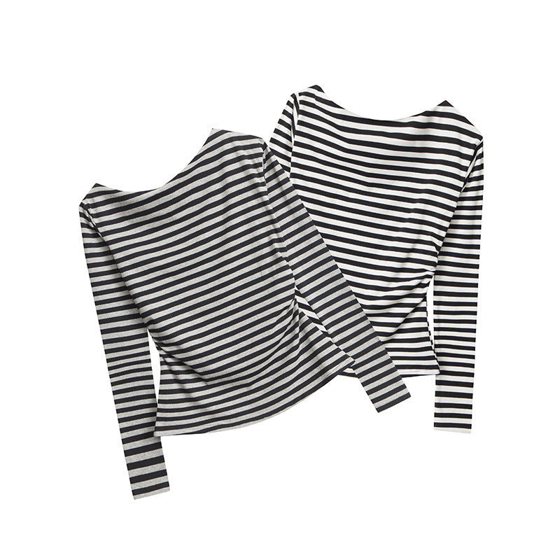 Nariele Striped Long Sleeve T-Shirt Slim Top Off Shoulders Cropped Top