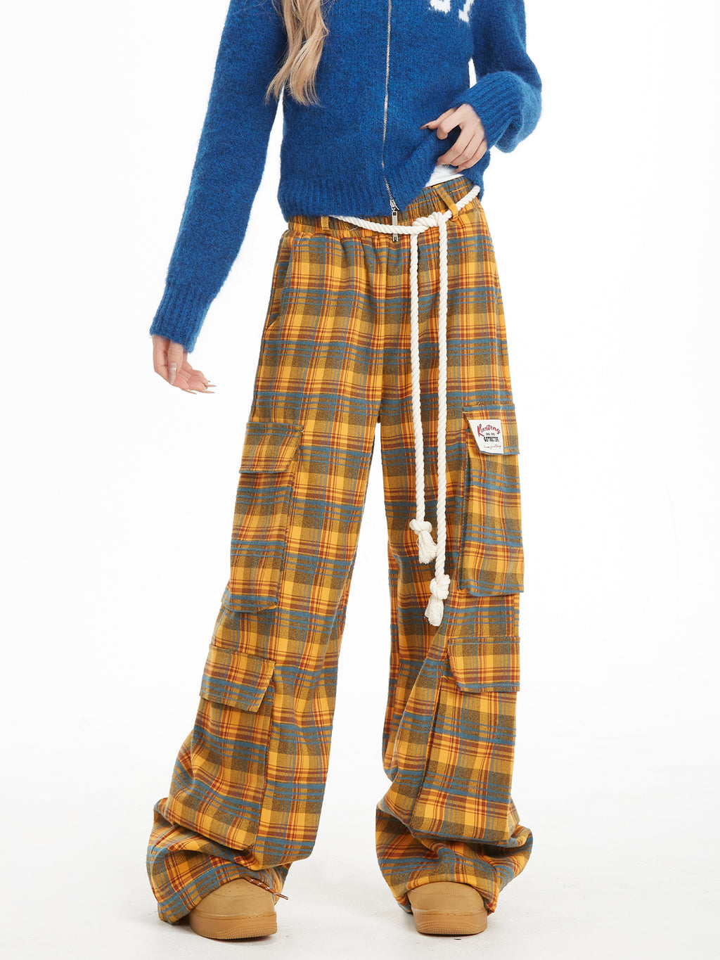 NERESUM Pant Retro Lazy Plaid Pants Trendy Design Casual Straight Cargo Pockets Pants