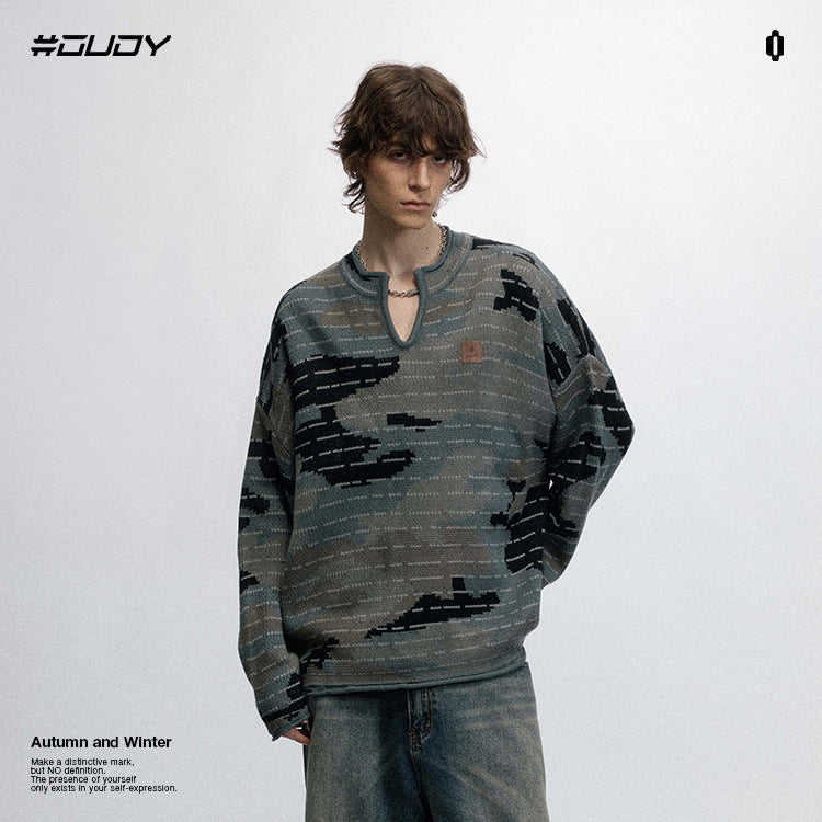 #OVDY  Unisex Thermal Jacquard Craft V-Neck Camouflage Knitwear Sweater