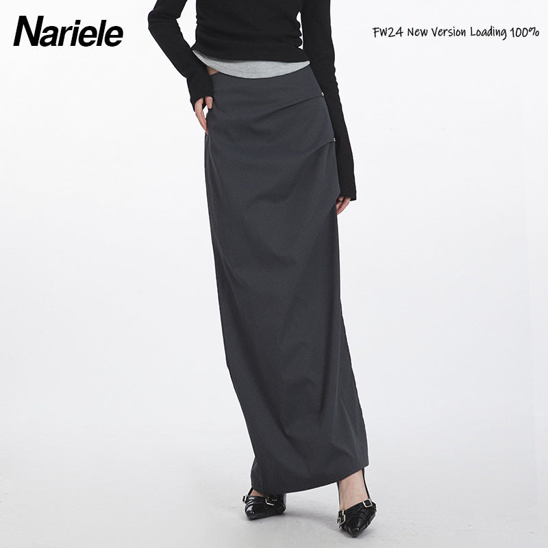 Nariele Retro Ruffle Design Side Slit Midi Long Skirt