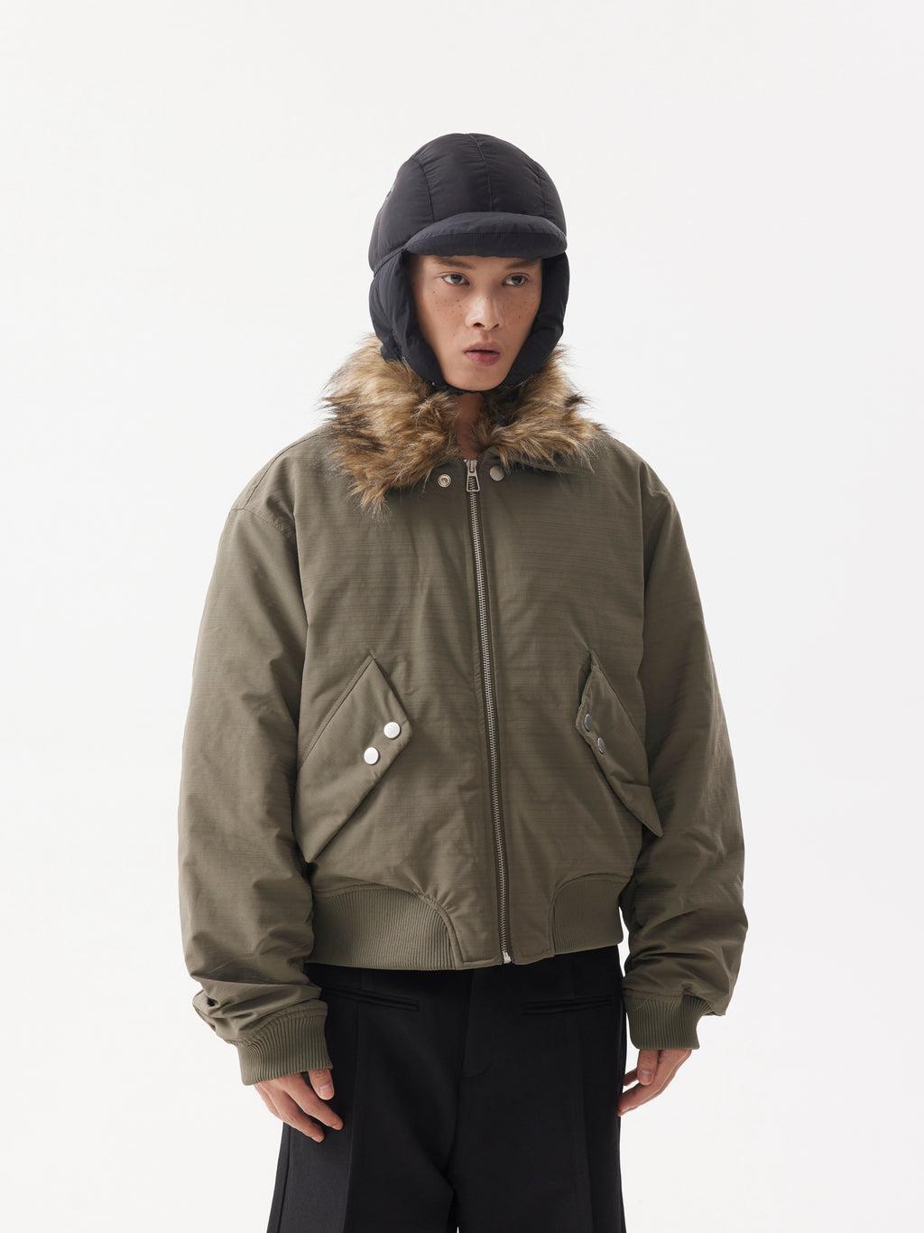 BTSG FUR Detachable Plush Collar Cropped Cargo Jacket