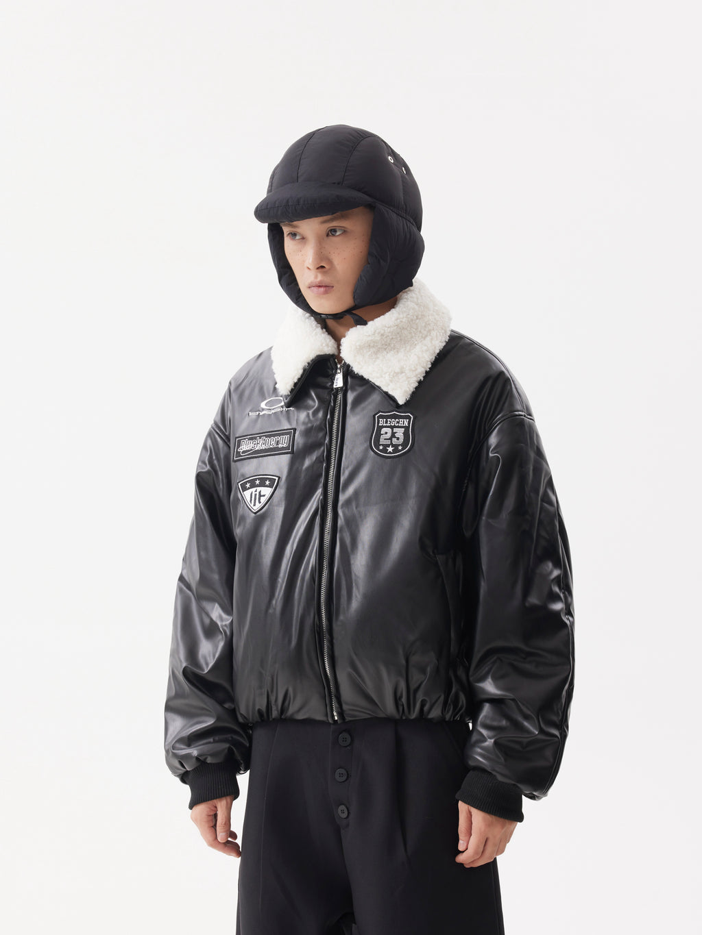 BTSG Leather Fur Collar Stitched Badges Padded Jacket