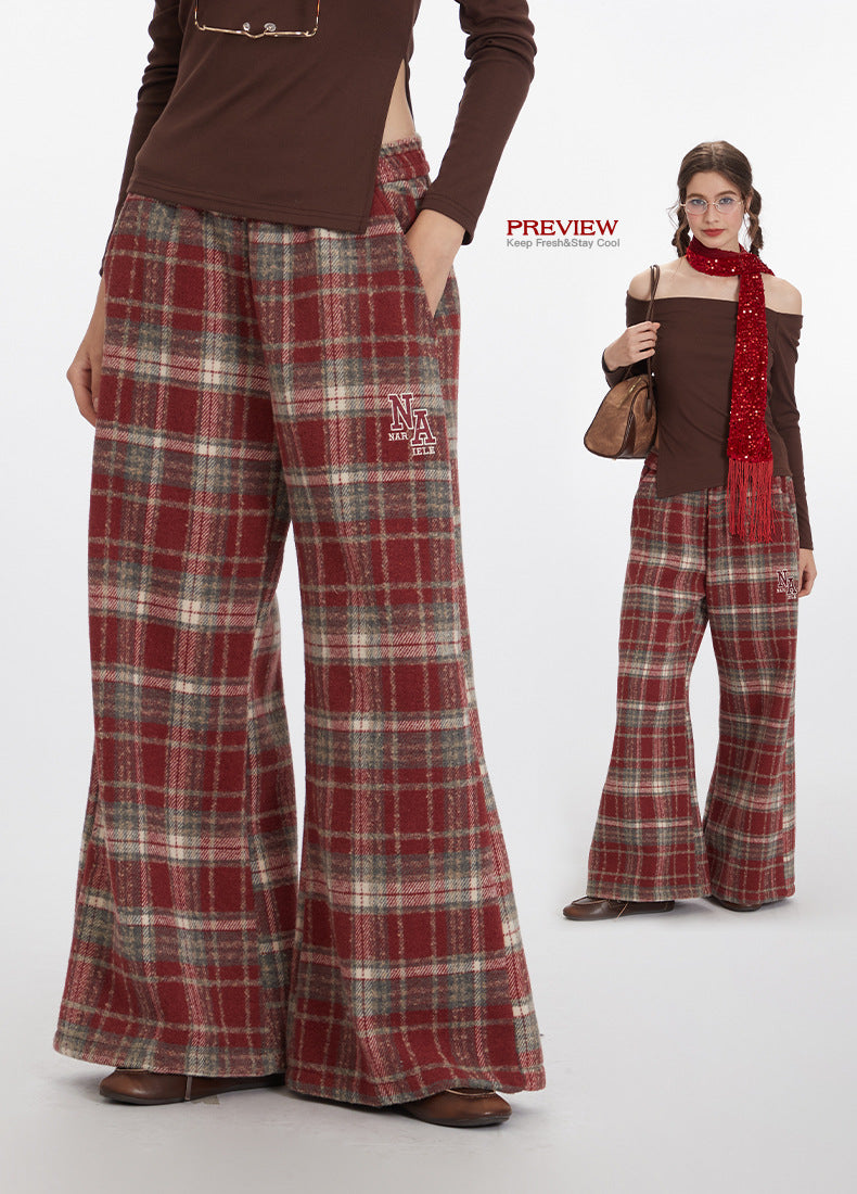 Nariele High Waist Casual Pants Casual Plaid Trendy Loose Wide Leg Pants