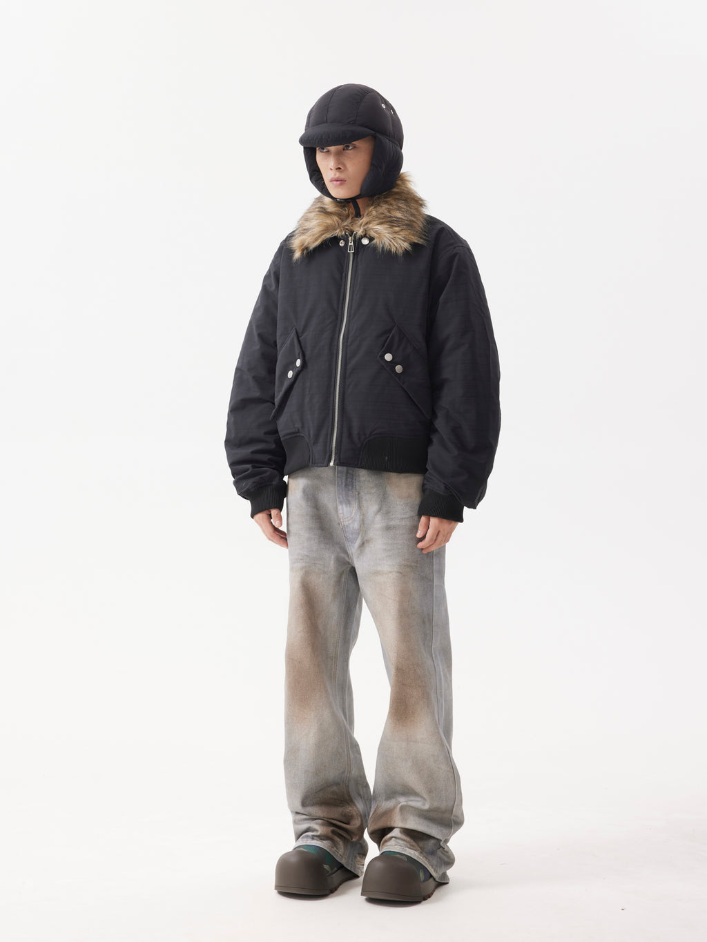 BTSG FUR Detachable Plush Collar Cropped Cargo Jacket