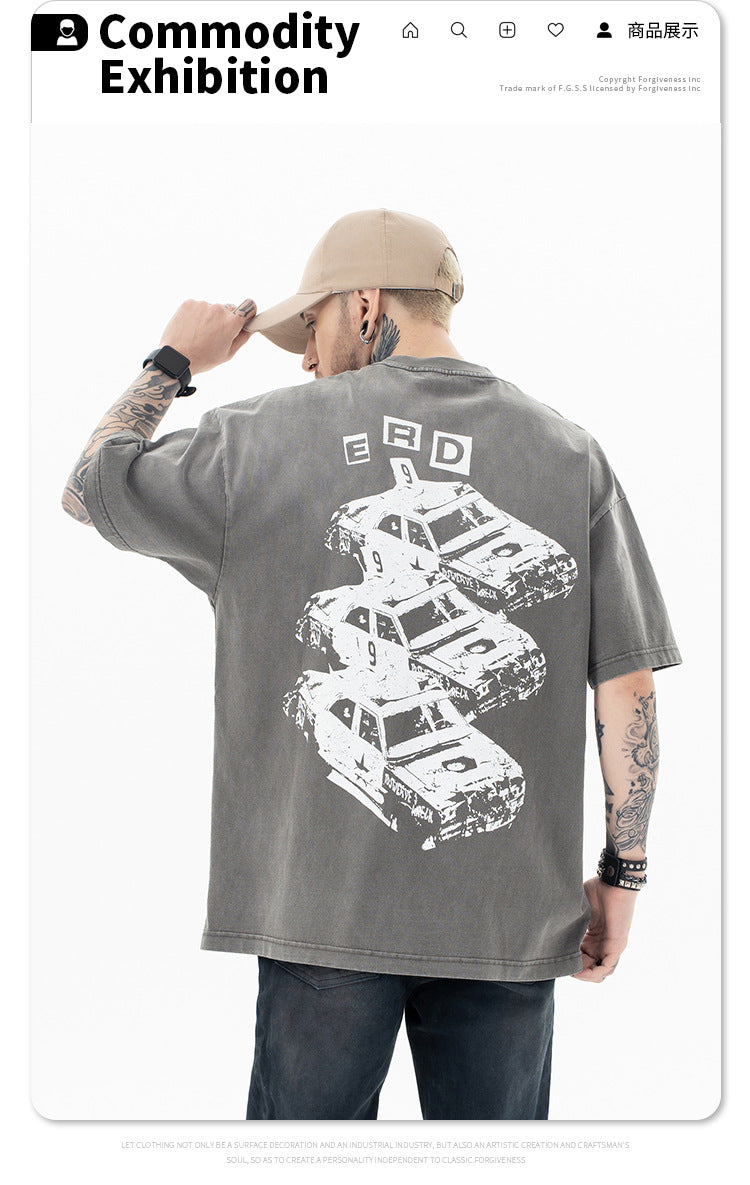 تي شيرت SUP ذو أكمام قصيرة مطبوع عليه شعار ثقيل متدرج أمريكي