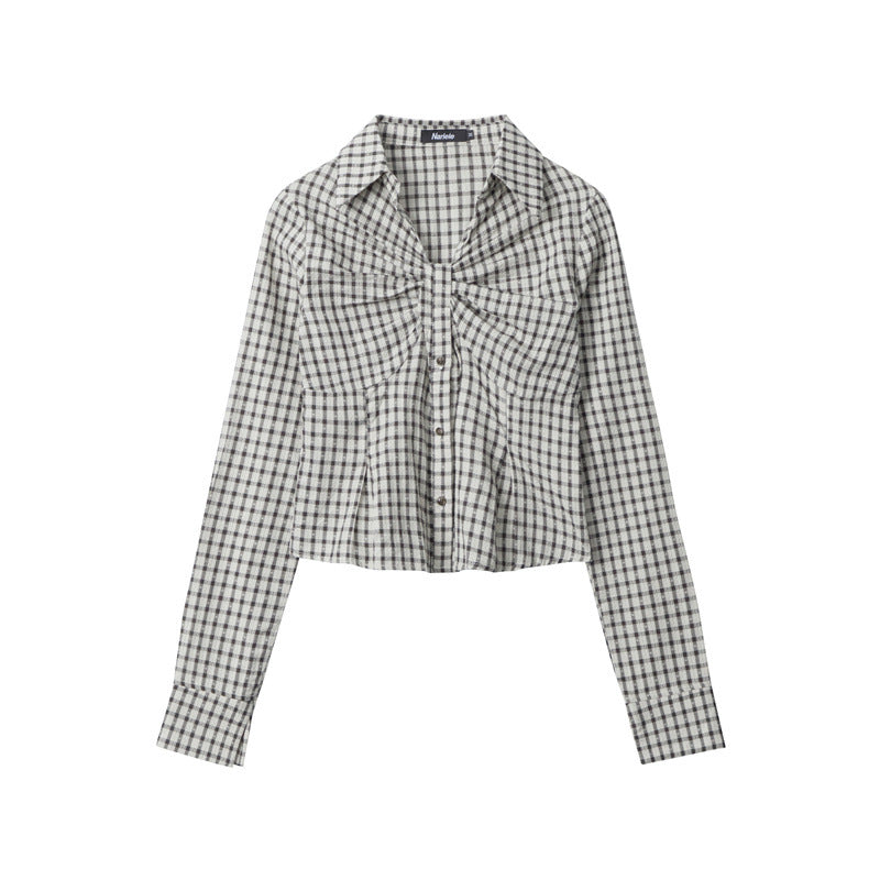 Nariele Plaid Ruffle Design New Shirt Long Sleeve Women's Crop Slim Shirt Girl Style Top