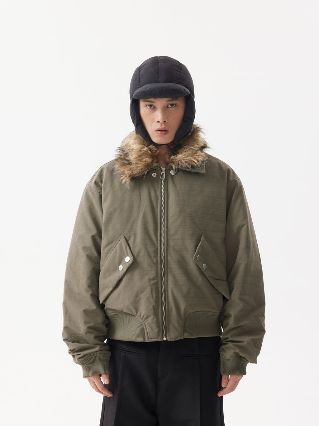 BTSG FUR Detachable Plush Collar Cropped Cargo Jacket