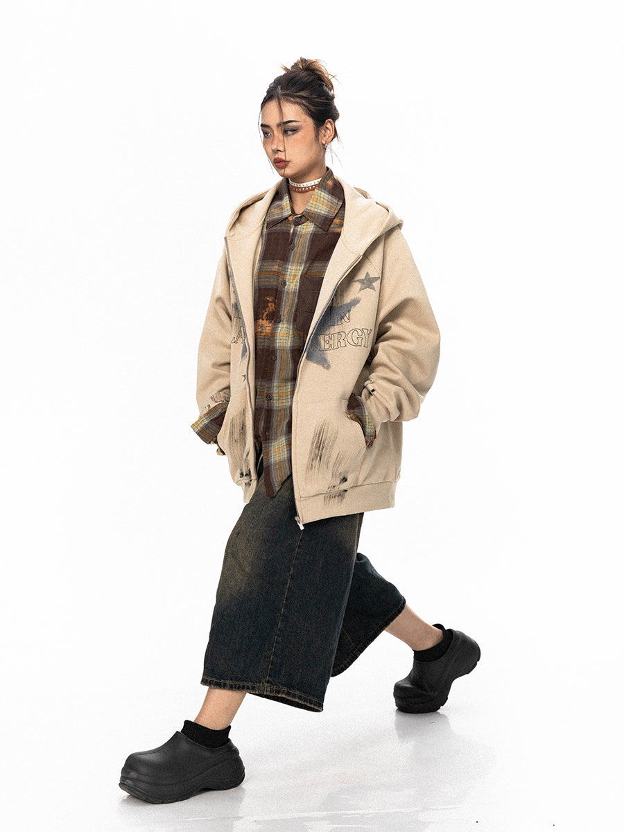 BLACKBB American Painted Star Print Hooded Cardigan Zip Up Jacket