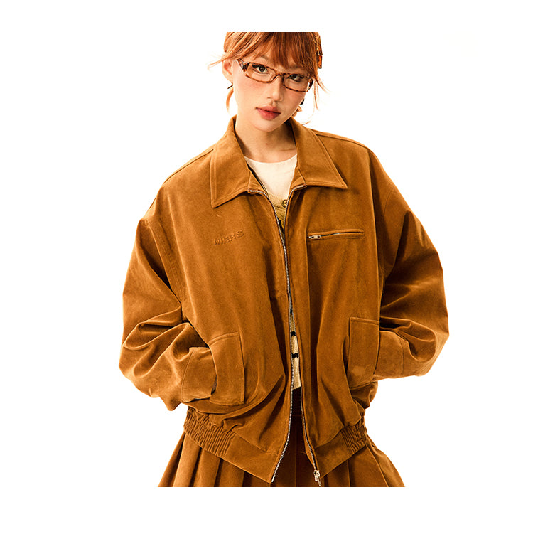 Mershier FEMALE BROWN SUEDE JACKET JACKET SKIRT SET