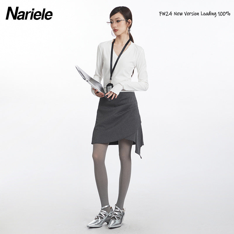 Nariele Deep V Neck Long Sleeve T-Shirt Slim Solid Top