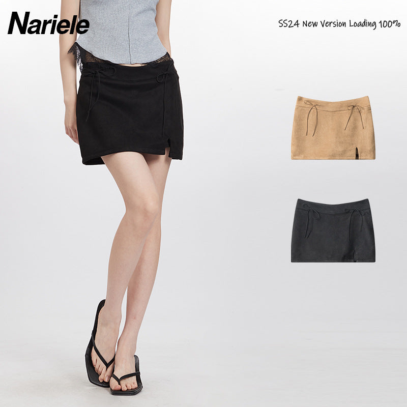 Nariele High Waist Slim Bow Strap Suede Skirt